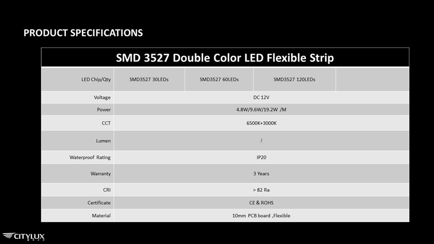 SMD 3527 Double Color LED Flexible Strip Specifications